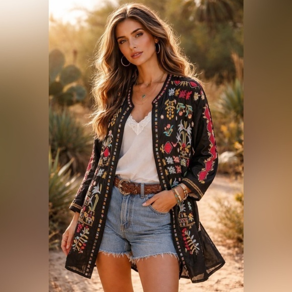 Johnny Was Silk Embroidered Boho Tunic Blouse Shacket Kimono